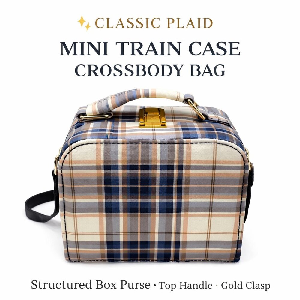 Plaid Mini Train Case Crossbody Bag – Structured Box Purse – Classic Chic - Picture 1 of 8